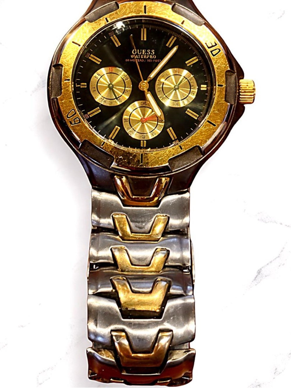 Guess Waterpro Two-Tone Gold Silver Watch Black Dial Chronograph Y2K Vintage